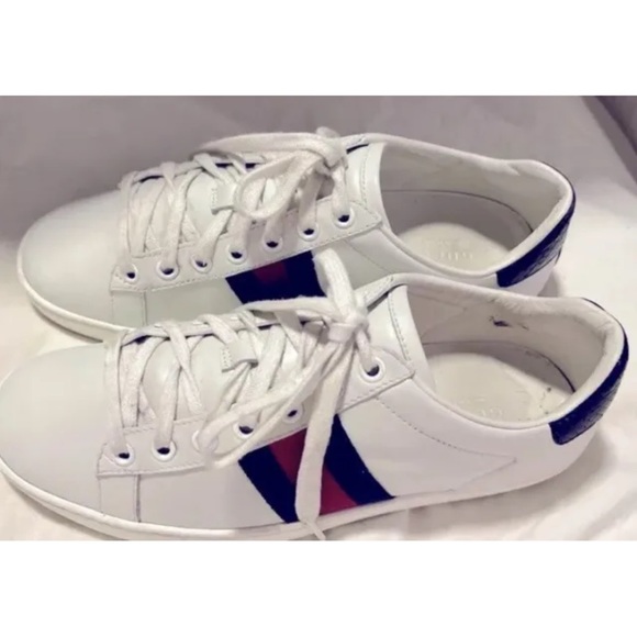 GUCCI UNISEX NEW ACE White Webbed Red Blue Sneakers M 35 1/2 6 USA W 7 W/RECEIPT - Picture 7 of 11